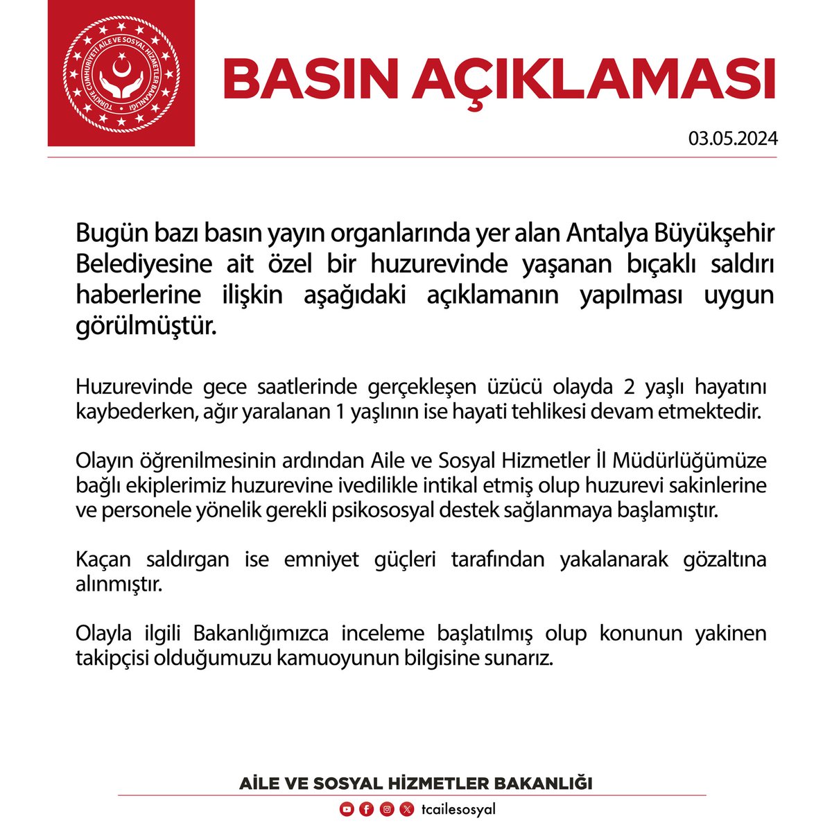 ❗️ Antalya Büyükşehir Belediyesine ait özel huzurevinde yaşanan bıçaklı saldırıya ilişkin basın açıklamamız