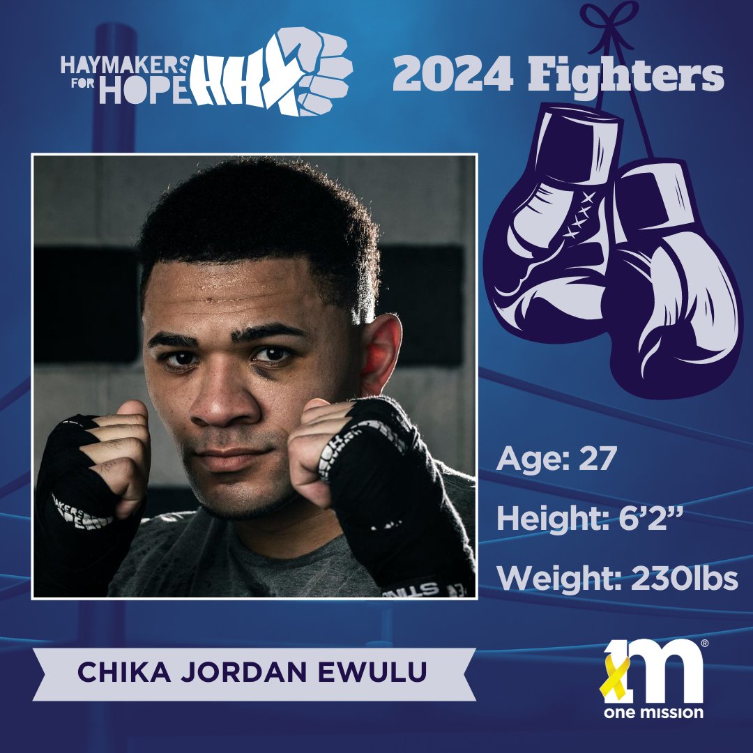 Coming to the squared circle, it’s Chika Jordan Ewulu. He is boxing for One Mission on the 2024 @haymakers4hope team! 🥊 🎗️💜
To learn more about his inspiring story and to contribute to his fundraising efforts, click below!
rb.gy/hxvt87
Follow Chika @chikajordan_