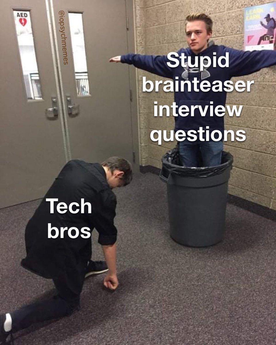 How many ping pong balls can you fit in a 747? How would you fight an alligator? Why are tennis balls fuzzy?

Q’s like these are rarely job relevant, so they don’t predict performance well.
#hiring #OHPsych #IOPsych #iopsychmemes #psychology #psychologymemes #psychmemes #APpsych