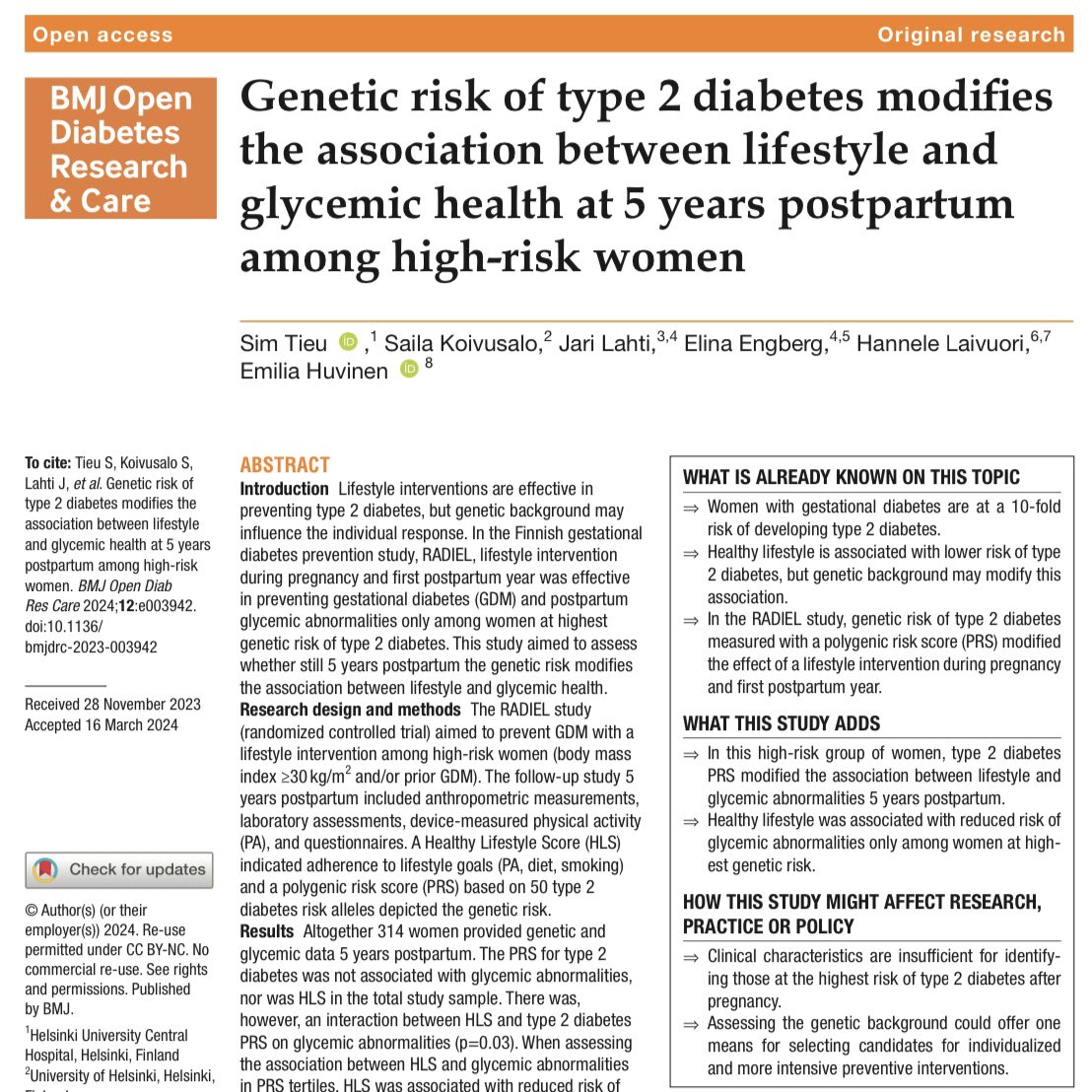 Elina Engberg (@elinaengberg) on Twitter photo Newly published! Genetic risk of type 2 #diabetes modifies the association between lifestyle and glycemic health at 5 years postpartum among high-risk women <a href="/DiabetesRC/">BMJ Open Diabetes Research & Care journal</a> <a href="/e_huvinen/">Emilia Huvinen</a> <a href="/KoivusaloSaila/">Saila Koivusalo</a>
👉 drc.bmj.com/content/12/2/e… Newly published! Genetic risk of type 2 #diabetes modifies the association between lifestyle and glycemic health at 5 years postpartum among high-risk women <a href="/DiabetesRC/">BMJ Open Diabetes Research & Care journal</a> <a href="/e_huvinen/">Emilia Huvinen</a> <a href="/KoivusaloSaila/">Saila Koivusalo</a>
👉 drc.bmj.com/content/12/2/e…