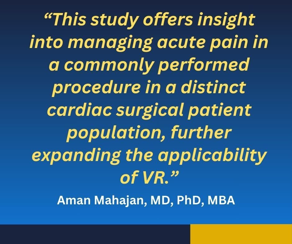 Can VR ease the pain of chest tube removal in #CABG? According to research in @SciReports by Zahra Dalir, PhD, and colleagues, it just might. Aman Mahajan, MD, PhD, MBA, of @PittAnes comments on the findings in our feature here: buff.ly/44nDWoO #MedTwitter #CardioDocs