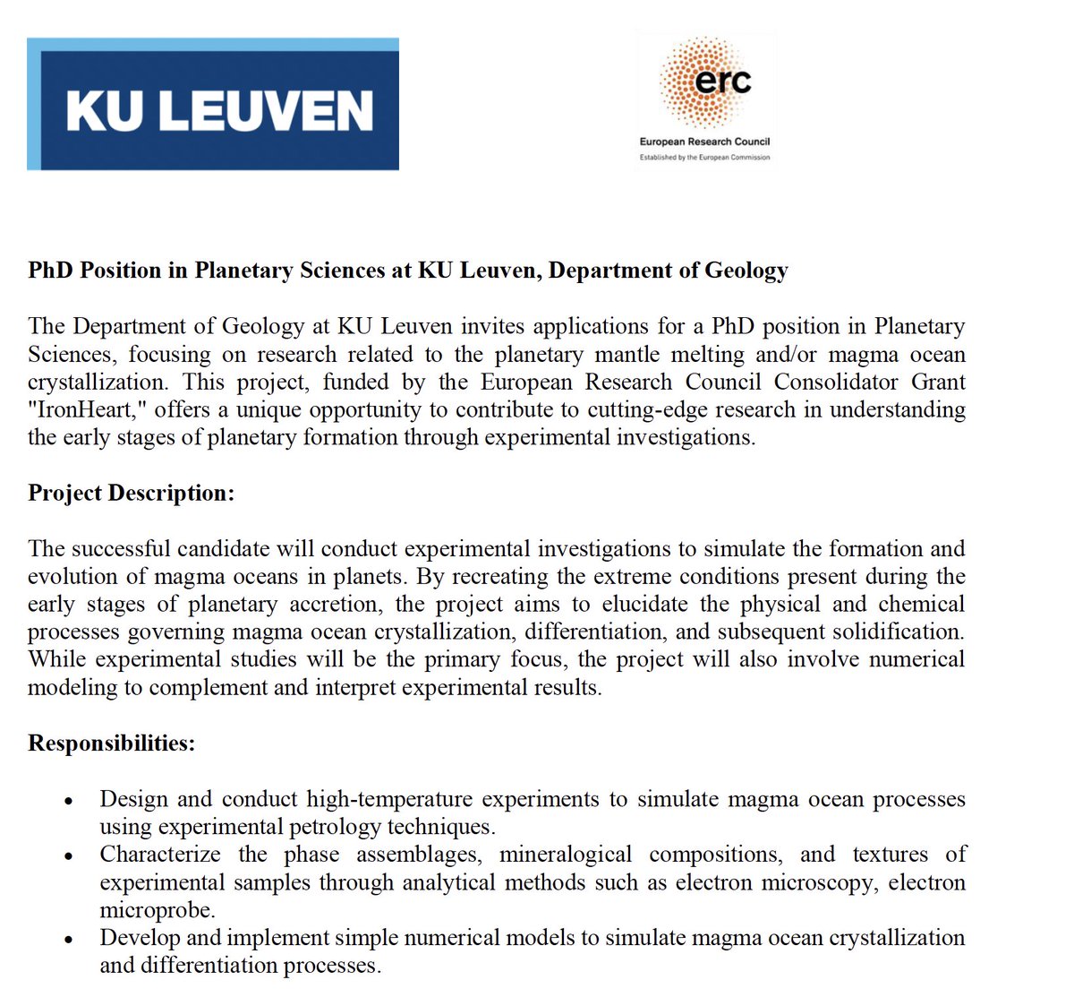 PhD & postdoc positions  available at the @kuleuven_fwet in Geology on #ERC CoG project IronHeart to in planetary sciences and experimental petrology  📷Deadline 15/06/2024 Details on the European Association of Geochemistry job page. Application: KU Leuven vacatures