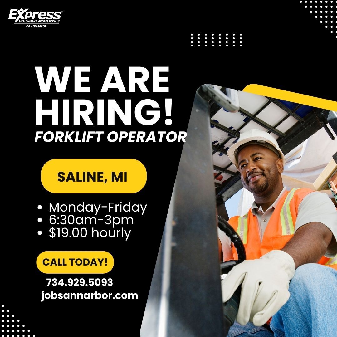 A manufacturing company in Saline is looking for a 1st shift forklift operator.
➠Online: bit.ly/3JDGzcA
➠Email: Jobs.AnnArbormi@Expresspros.com
➠Apply online TODAY! 734.929.5093
•
•
•
#ExpressPros #AnnArbor #Jobs #Forklift #SkilledTrade #Saline