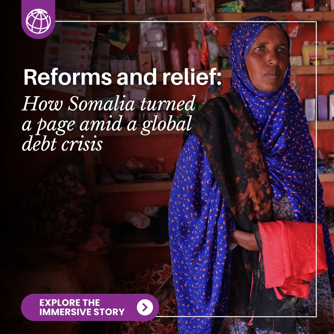 As part of a debt relief agreement, #Somalia has successfully implemented wide-ranging reforms to rebuild its economy and state institutions, despite a challenging domestic and external environment.  

Explore the immersive story: wrld.bg/cw3q50RsTRu 
#IDAworks