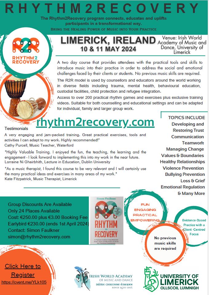 Irish World Academy (@iworldacademy) on Twitter photo The Rhythm 2 Recovery programme is holding a 2 day course on the 10th and 11th of May, which will provide attendees with tools and skills to introduce music into their practice.
For more information and registration, use the following link: tinyurl.com/htbdaxs7
<a href="/UL/">University Of Limerick</a> The Rhythm 2 Recovery programme is holding a 2 day course on the 10th and 11th of May, which will provide attendees with tools and skills to introduce music into their practice.
For more information and registration, use the following link: tinyurl.com/htbdaxs7
<a href="/UL/">University Of Limerick</a>