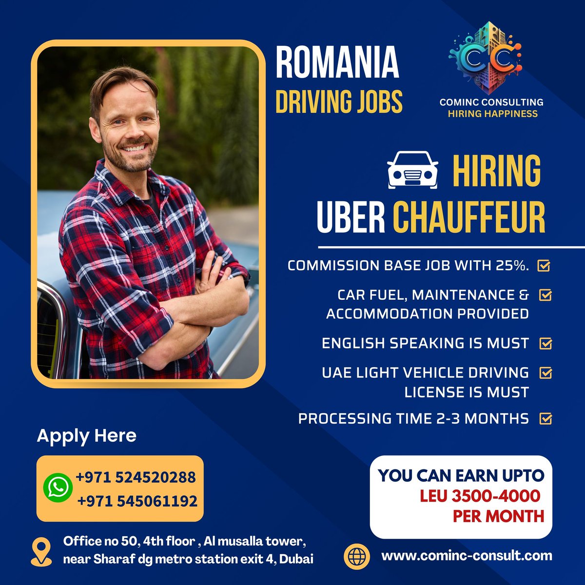 Romania Driving Job
Hiring: Uber Chauffeur

#JobOpportunity #CareerGrowth #DubaiJobs #HiringNow #JoinOurTeam #JobSearchDubai #CareerDevelopment #WorkInDubai #EmploymentOpportunity #DreamJobDubai #jobseekers #hiring #expo #kuwaitjobs #omanjob