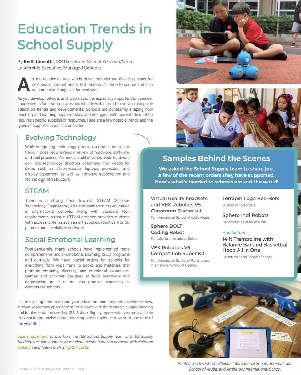 Connect with @ISSCommunity ISS School Supply Marketplace Team led by @kcincotta on ways they can support your school needs: evolving technology, STEAM, socio-emotional learning, and more! iss.edu/services/schoo… #issedu