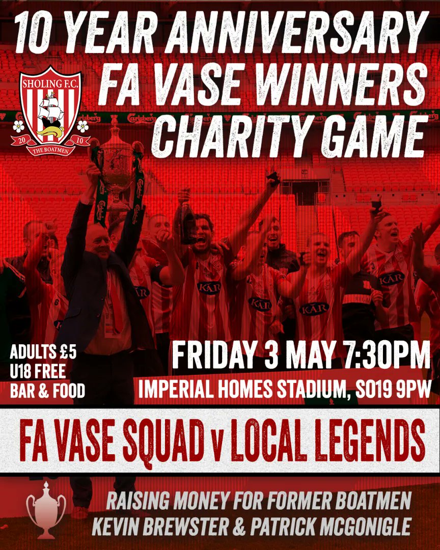 🏆1️⃣0️⃣ TONIGHT! Come join us for an entertaining evening as we raise money for 2 great football people, Kev Brewster and Patrick McGonigle & remember the day we won the Vase at Wembley 7:30pm KO. Adults £5, U18 Free. Bar & Food. @AdamBlackmore @AlfieHouseEcho @mattletiss7