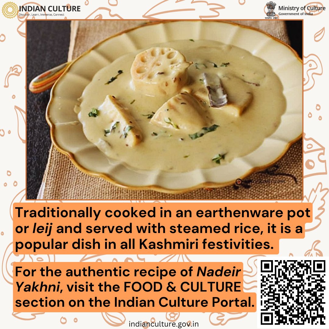 The traditional recipe for Nadeir Yakhni can be found in the Food and Culture section on the Indian Culture Portal at indianculture.gov.in/food-and-cultu… #indiancuisine #nadeiryakhni #kashmiricuisine #kashmiridish #nadeiryakhnirecipe #indianfood #recipe #lotusroots #lotusdish #gravy