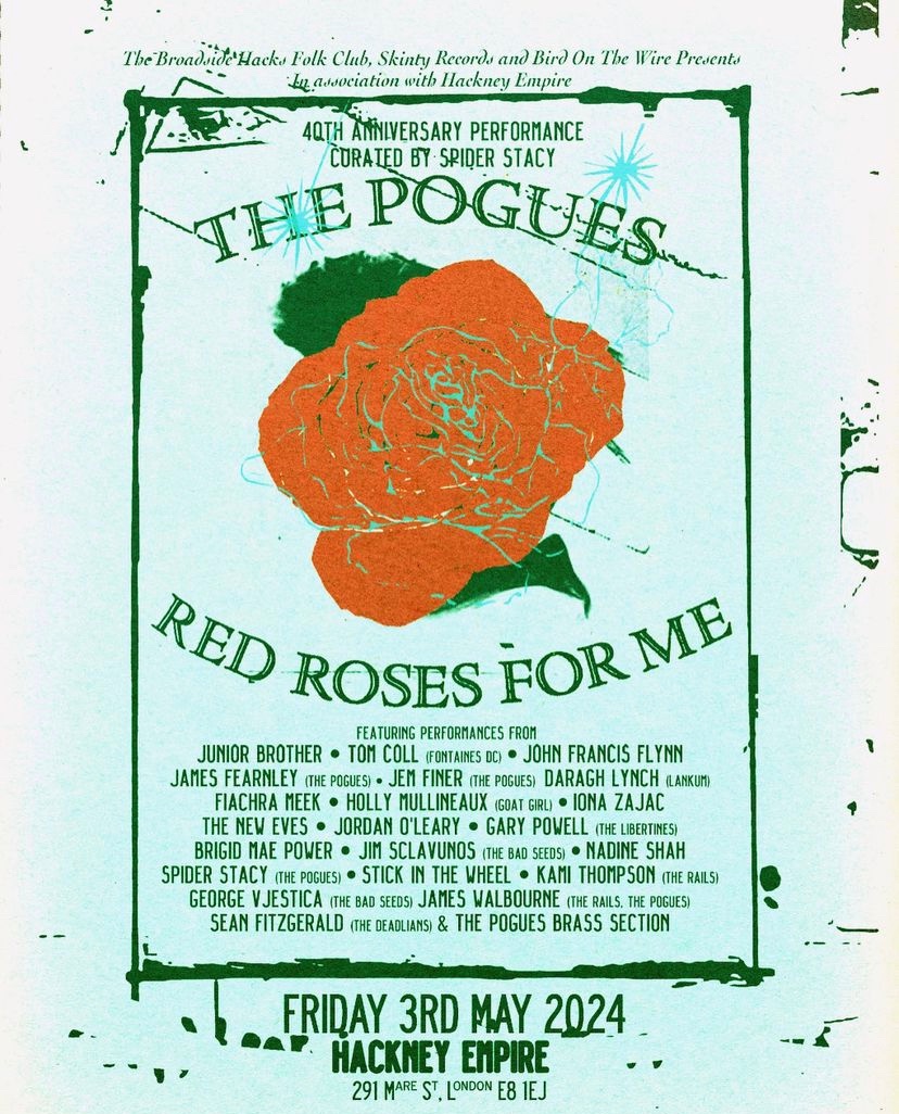 Tonight a performance to mark the 40th anniversary of @poguesofficial debut album 'Red Roses for Me' It was a special time & a very special album. Be merry, my friends, be merry @spiderstacy @James_Fearnley @jemfiner 🌹🌹🌹@Victoriamary