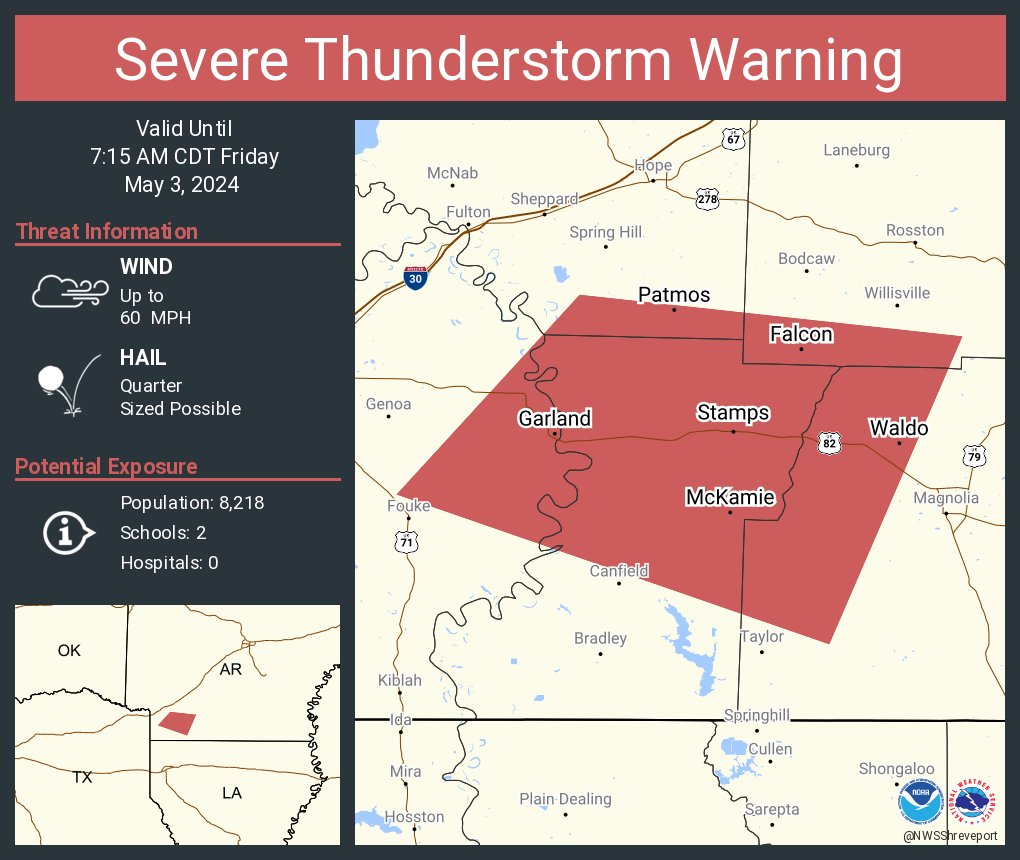 Severe Thunderstorm Warning continues for Stamps AR, Waldo AR and Lewisville AR until 7:15 AM CDT