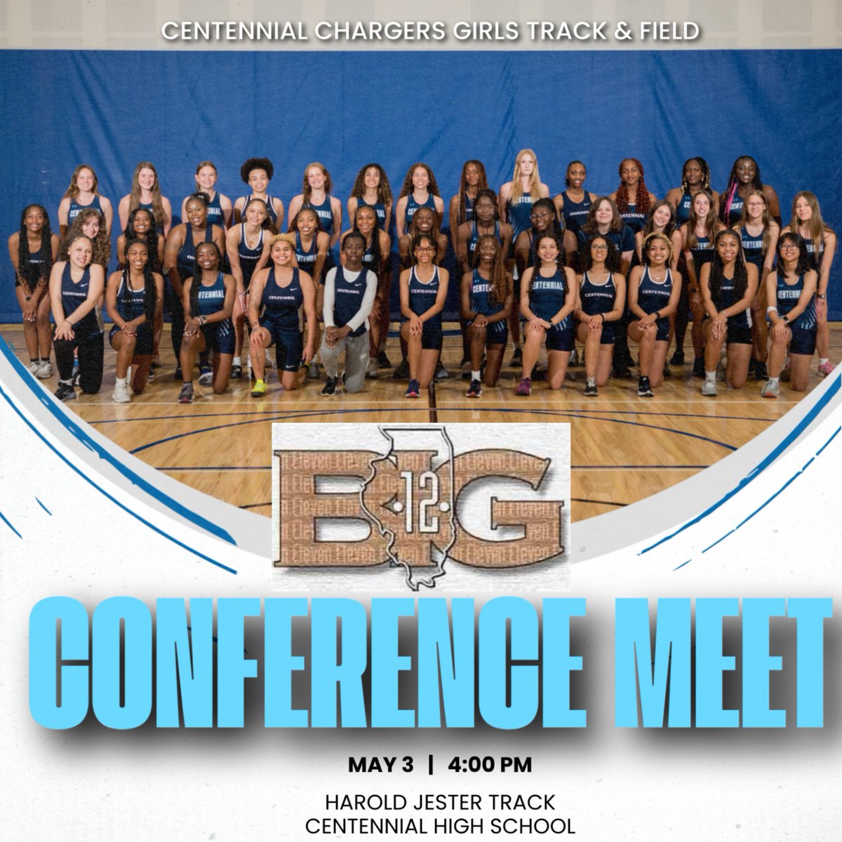 Good luck to the Centennial Girls Track & Field team as they host the Big 12 Conference Meet today at Harold Jester Track!  Go Chargers!  #IfItAintBlueItAintTrue #FullyCharged