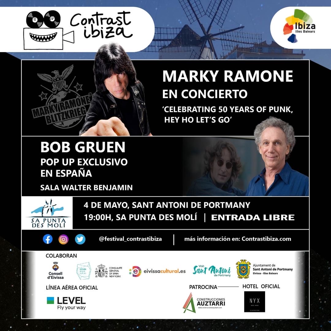 El fotògraf Bob Gruen i Marky Ramone junts a Eivissa per al festival Contrast 2024

📆 Contrast Eivissa 2024 se celebrarà el 4 de maig a partir de les 19:00 hores a Sa punta des Molí i l'entrada és lliure