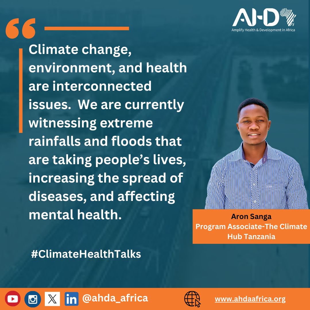 Reflections from #ClimateHealthTalks “Climate change, environment, and health are interconnected issues. We are currently witnessing extreme rainfalls and floods that are taking people’s lives, increasing the spread of diseases, and affecting mental health.” ~Aron @climatehubTz