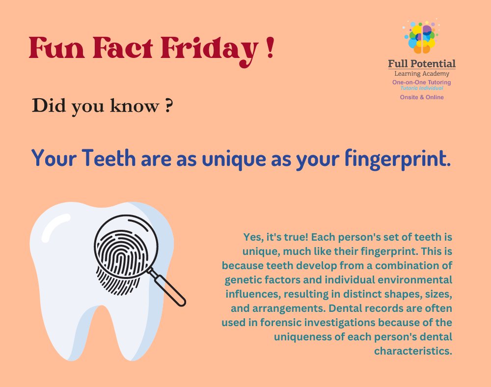 Fun Fact: Your teeth are as unique as your fingerprint! No two smiles are alike, making each person's dental characteristics truly one-of-a-kind. 😁🦷 #FunFacts #TeethTrivia #DentalFacts #UniqueSmiles #SmileFacts #FPLA