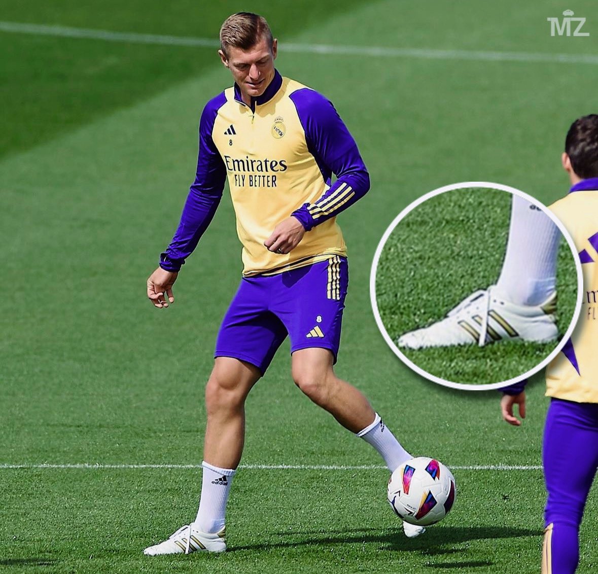 Toni Kroos training in the ‘Gold’ version of his Adidas boots today. ⚜️✨