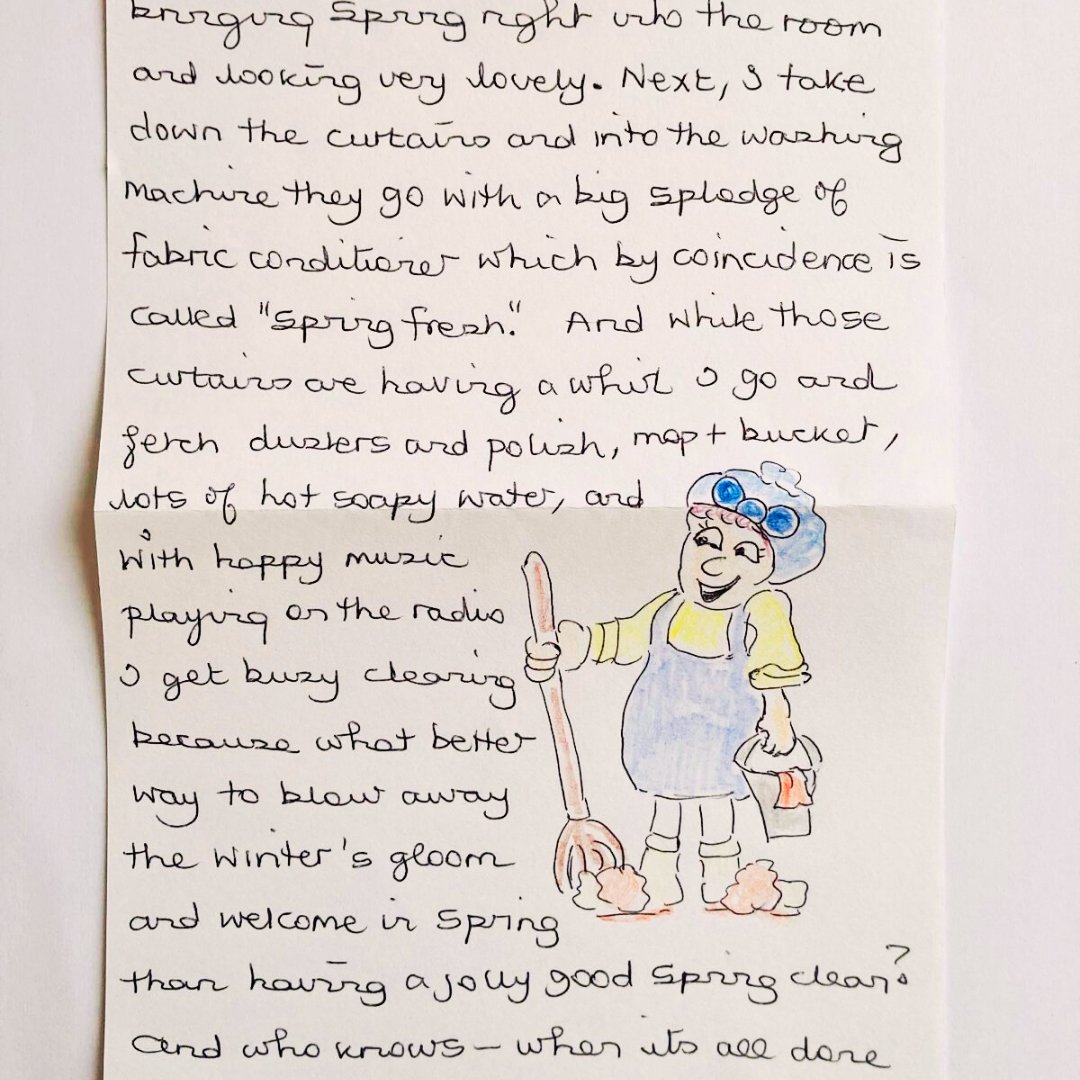 Will you be spending some of your bank holiday spring cleaning this weekend? 🧽 This great letter from Ginette recalls her recent spring cleaning experiences ... 'curtains in a whirl and happy music on the radio' in a lovely simple letter with great illustrations #DonateALetter