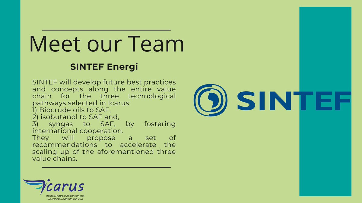 Here is @SINTEF, project's co-creator on SAF up-scaling!

#Biofuels #SAF #FutureTech #ValueChain #InternationalCooperation #RenewableEnergy #CleanEnergy #ICARUS
@cinea_eu