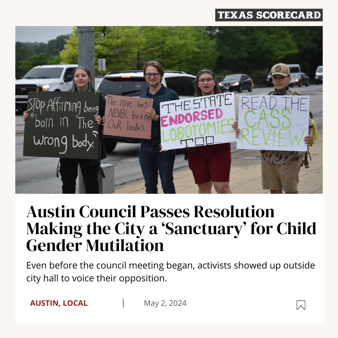 AUSTIN—City Council Members have approved a resolution making the state’s capital a sanctuary for gender-mutilation procedures and chemical castration, though the actual effect of the move may be limited.
Check out the full story through the link below:
l8r.it/sJ4w