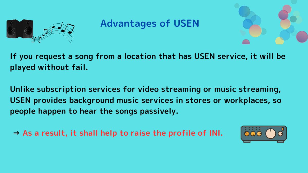 Tips about USEN for MINIs

USEN provides a background music service (BGM) for restaurants, supermarkets, beauty salons, convenience stores, etc.

USEN has a diverse lineup of over 550 channels, including them that air songs highly ranked in charts such as Billboard.
#INI