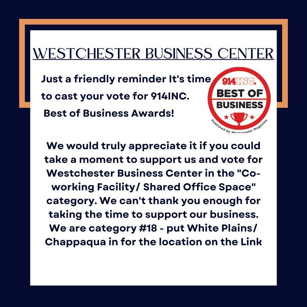 Your Support is appreciated, vote WBC! The deadline is 5/1 buff.ly/4dmEVJU 
.
.
.
#May #spring #privateoffice #914Inc #smallbusiness #coworkingspace #whiteplainsny #westchesterny #localbusiness #realestate #virtualoffice #lawyerlife  #chappaqua #newpost #newoffice #vote