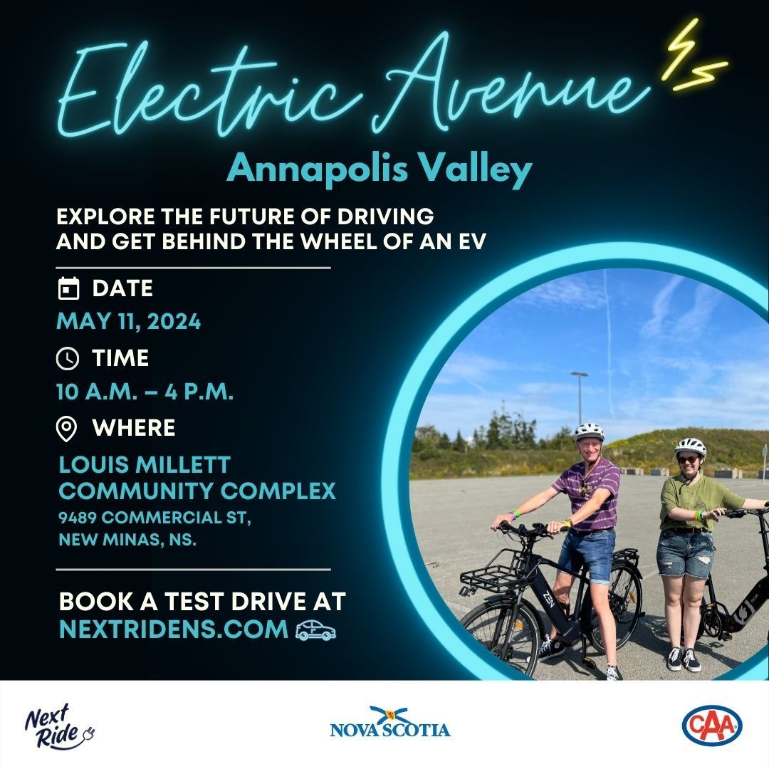Are E-bikes more your speed? There are rebates of up to $500 available for E-bikes. 🚲

Join us at Valley Electric Avenue to test E-bike and learn more about rebate opportunities. 

Book your spot at buff.ly/3Qu6t6j

#Ebikes #Ebike #NovaScotia #driveelectric #EV