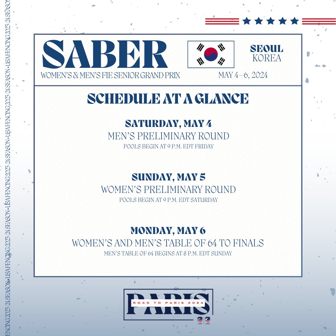 Senior Saber in Seoul! Our Women's and Men's teams are in Korea this weekend for their final Grand Prix of the season. Good luck, team! 🇰🇷 fie.org/competitions/2…