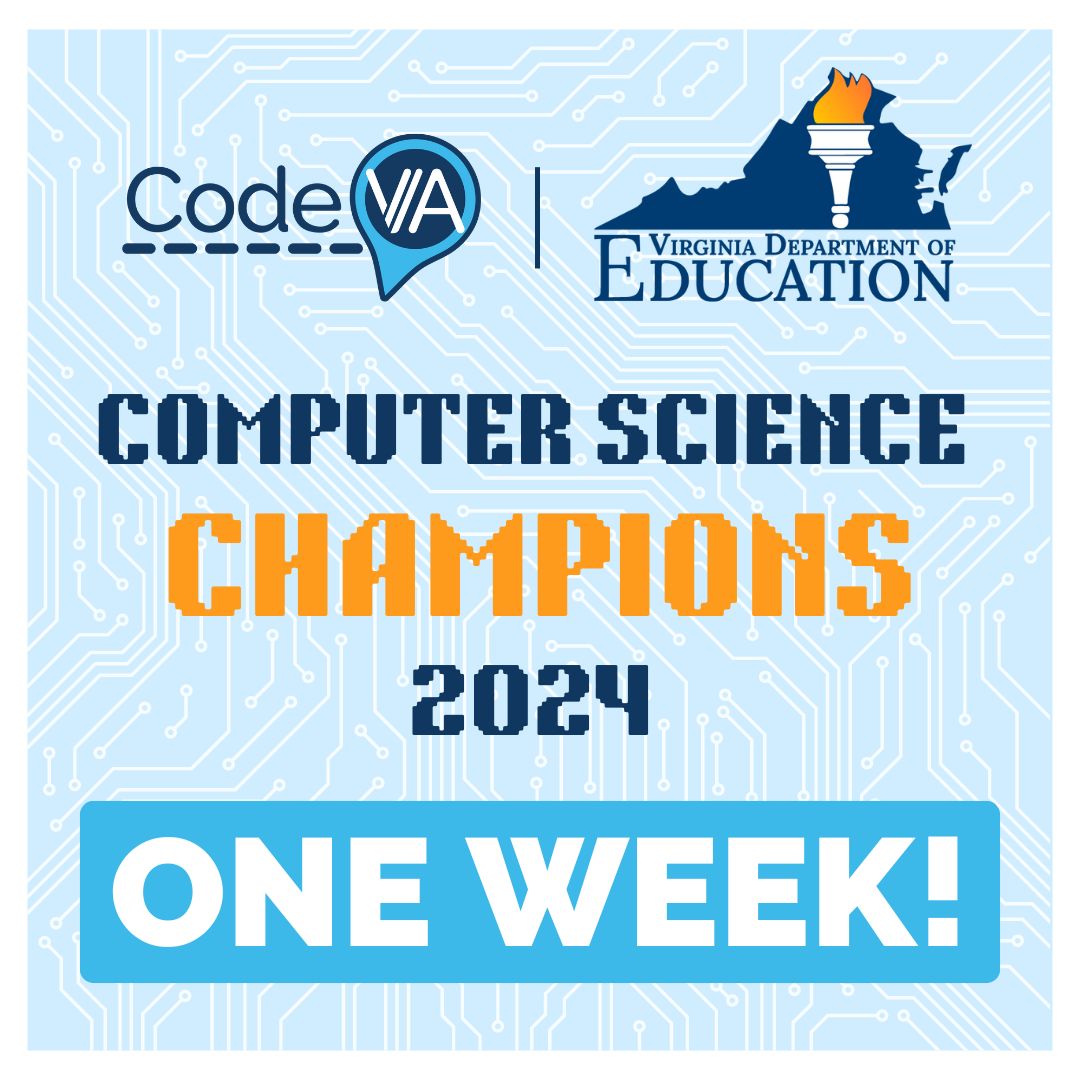 There's only ONE WEEK left until we find out who will be named the Computer Science Educator of the Year 2024 for Virginia! Can't wait to find out! You can find out more about the Computer Science Educator of the Year initiative on the Virginia Department of Education's website.