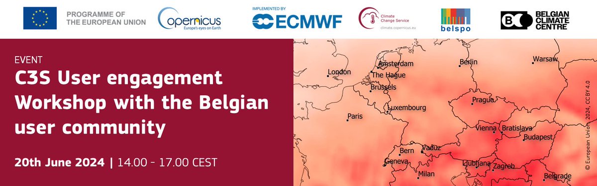 🌍 Are you a Belgian climate service user?  Don't miss the chance to be part of the 'C3S User Engagement Workshop' on June 20, hosted by @CopernicusECMWF, @belspo, & @climatecentrebe. Secure your spot now: t.ly/MYrBY