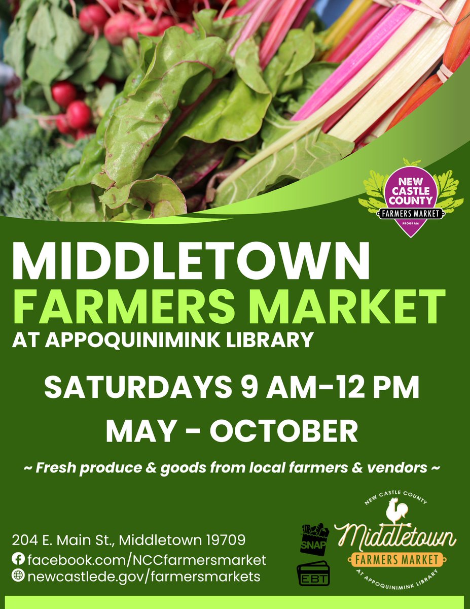 Planning how to spend your May 4 day? In addition to the Southern Park Spring Festival in Middletown, you should definitely stop by the NEW Farmers Market at the Appoquinimink Library, 9am-12pm. Hope to see you there! #netde #nccde #middletownde #townofwhitehall #farmersmarket