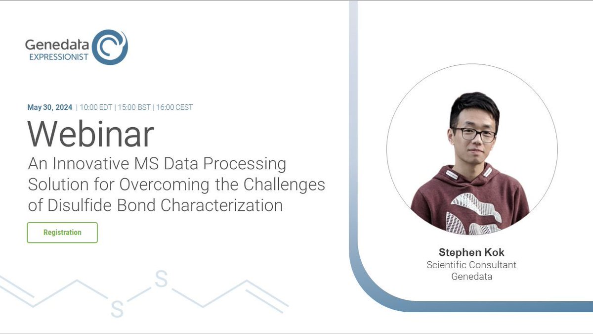 Join us for our webinar on May 30, 2024 to discover how Genedata enables in-depth MS-based characterization of disulfide bonds! Register now to secure your place:
buff.ly/49ZA2Ud 
#GenedataExpressionist #MassSpec #DigitalizingBiopharma