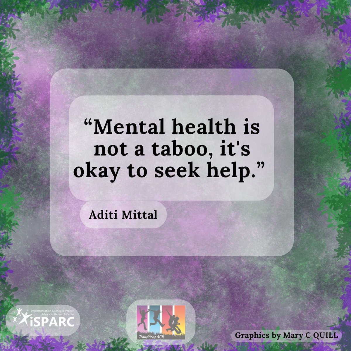 'Mental health is not a taboo, it's okay to seek help.' 
- Aditi Mittal 
#EndStigma #MayIsMentalHealthMonth #MayisMentalHealthAwarenessMonth #MentalHealthMatters
@UMass_SPARC
