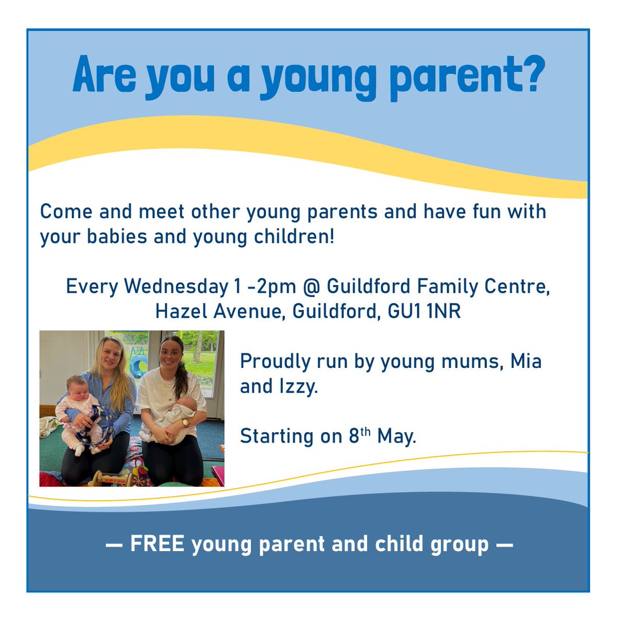 Guildford Family Centre are running a free young parent and child group every Wednesday (term time only). This group is run by young mums who will be there to welcome you! No booking is required, just come along!