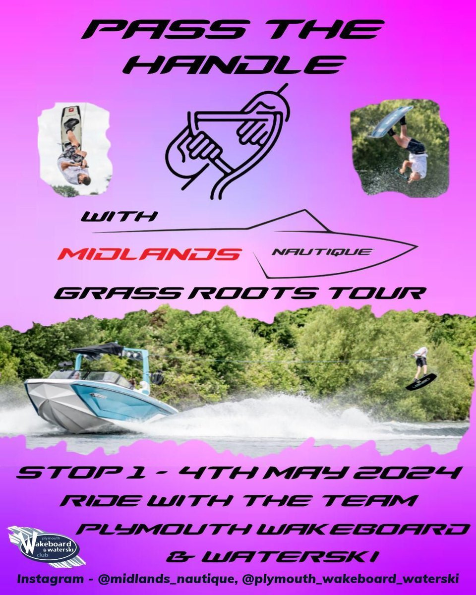 Who's coming along to Pass the Handle at @plymouth_wakeboard_waterski?... this Saturday, 4th May!!  Stop1 of a grass roots tour with TeamGB wakeboarder @markgoldsmithltd.
Ride with the team and showcase your skill!!
<a href="/midlandnautique/">Midlands Nautique</a> <a href="/NautiqueBoats/">Nautique Boats</a>
<a href="/WakeboardUK/">wakeboarduk</a> <a href="/bwswhq/">BWSW</a>