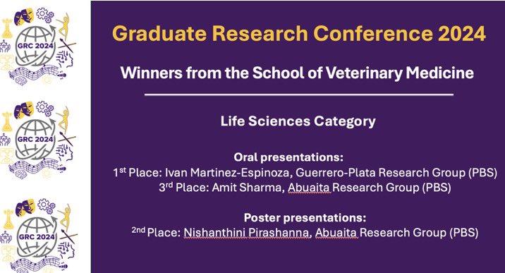 Warm congratulations to all #LSUVetMed award winners at the Graduate Research Conference. Ivan Martinez-Espinoza, in Dr. Antonieta Guerrero-Plata’s lab, again won first place, now 2 successive years! Other winners were Amit Sharma & Nishanthini Pirashanna. #LSU #ScholarshipFirst