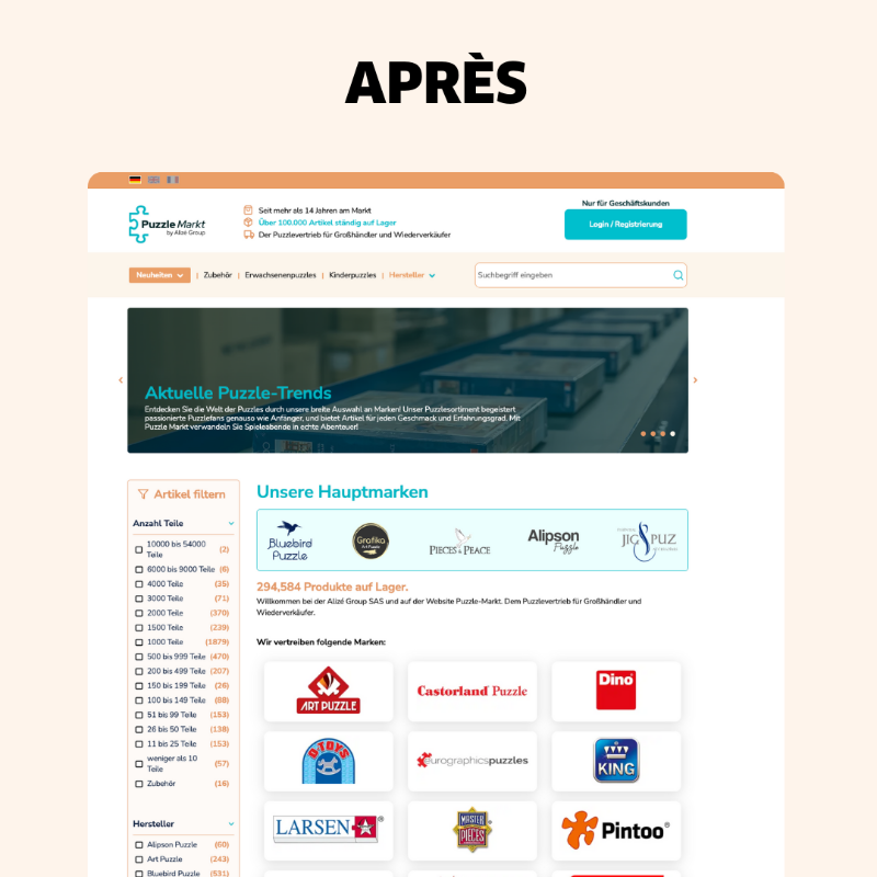 hkm_concept's tweet photo. Puzzle Markt c’est une plateforme d’achat de puzzles, réservée aux professionnels : grossistes et revendeurs européens appartenant à Alizé Group.

Leur demande ? Réaliser une #chartevisuelle et moderniser leur #siteinternet.

On vous laisse découvrir le résultat juste ici 👇