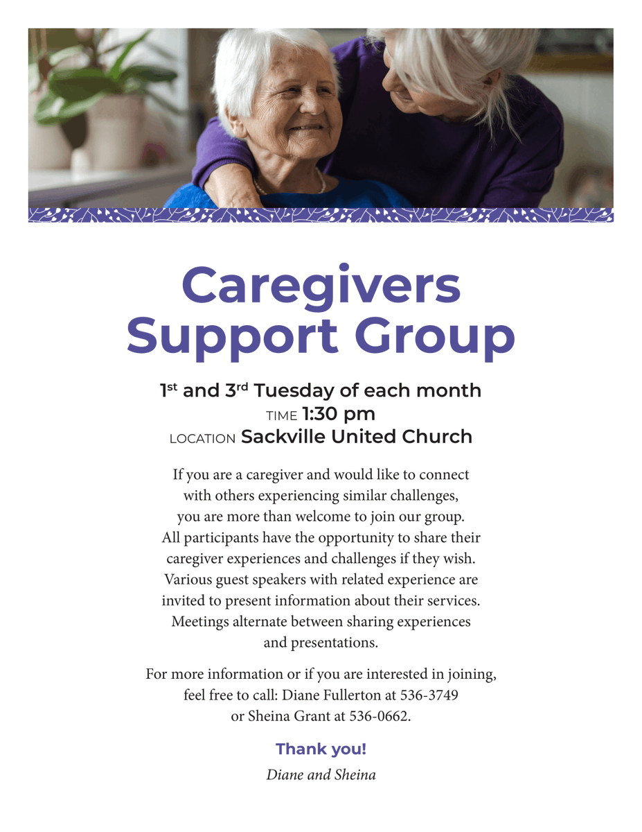 🤝 Need support as a caregiver? Join the Caregivers Support Group! They meet on the 1st & 3rd Tuesday each month at 1:30 PM, Sackville United Church, 110 Main St. Connect and share with those who understand. 💙

🗓 1st & 3rd Tuesday Monthly
🕜 1:30 PM
📍 Sackville United Church