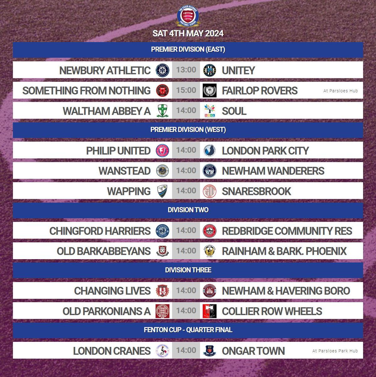 EssexAllianceFL's tweet image. 𝙒𝙀𝙀𝙆𝙀𝙉𝘿 𝙋𝙍𝙀𝙑𝙄𝙀𝙒 / #Week38

First May action takes place tomorrow afternoon with 1️⃣0️⃣ league fixtures and the remaining Fenton Cup quarter-final

Potential for league titles to be wrapped up in Premier West and Division 2 🏆

Good luck to all sides in action!

#EAL