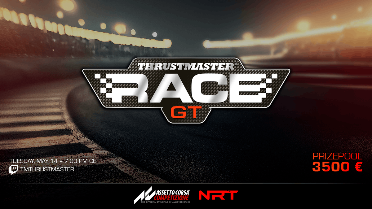 TMThrustmaster's tweet photo. Welcome to THRUSTMASTER GT RACE – 1st edition 🏁
A unique race bringing together Esport teams and content creators!  Live on Twitch on May 14! 
Participants to be announced next week! 

In partnership with @AC_assettocorsa  &amp; Noco Racing Team https://t.co/sKAnGoUOHp