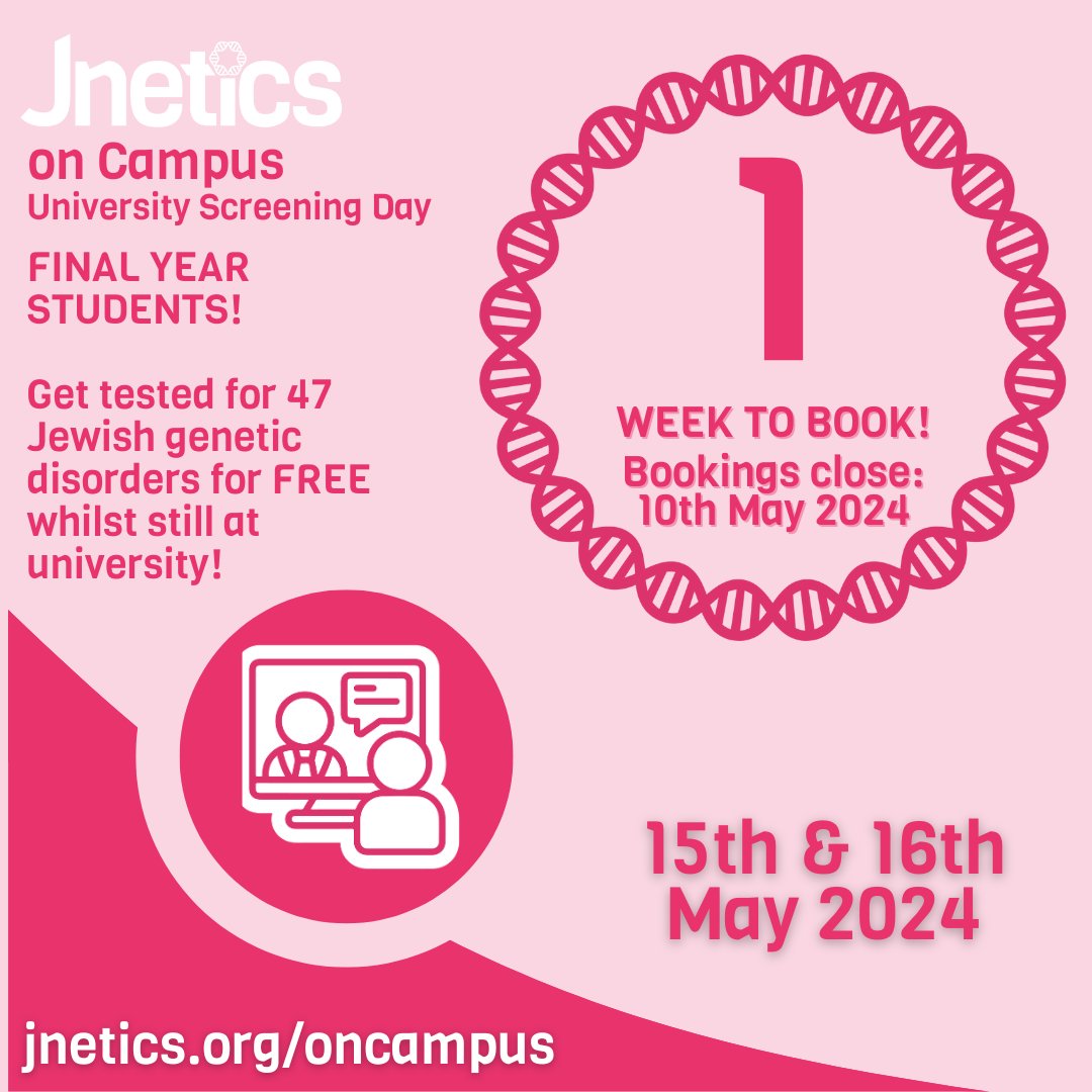 Final year students - just one more week to book your FREE genetic screening test before leaving university! To book your test, go to jnetics.org/oncampus/ . . . #jnetics #jneticsoncampus #uni #jewishgenes #jewishgeneticdisorders