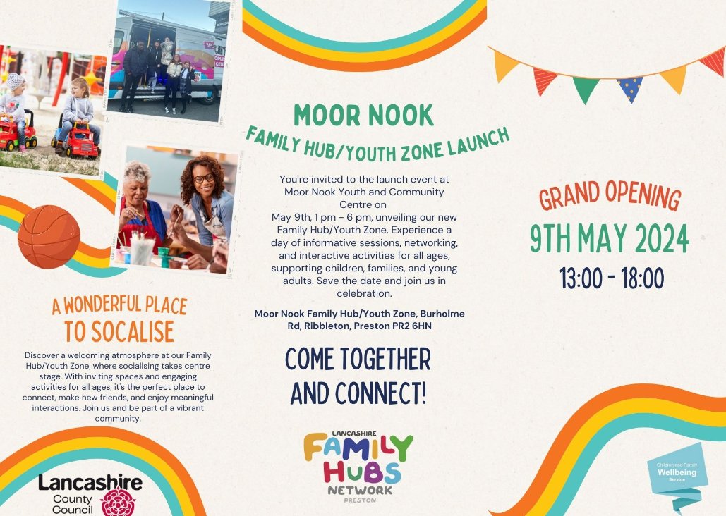 🎉It's the Grand Opening of Moor Nook Family Hub/Youth Zone on May 9th! Everyone's invited! 🌟 Spread the word and be part of something special! See you there! 🚀 #WeAreFulwood #WeCare #MoorNook #GrandOpening