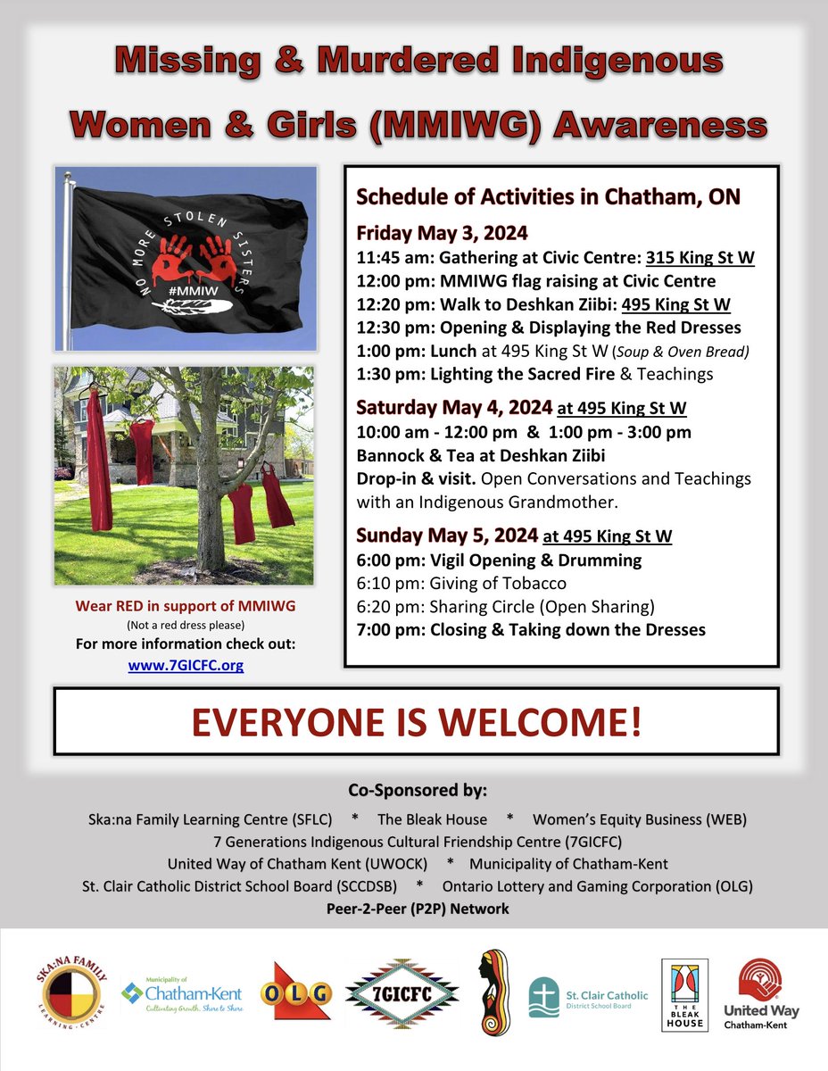 Beginning today, several events will be held to mark National Day of Awareness for Missing and Murdered Indigenous Women, Girls and 2SLGBTQI+ people (M.M.I.W.G. and 2S+) on May 5.

All events are open to everyone. 

For more info check out 7GICFC.org

#MMIWG2S #ckont