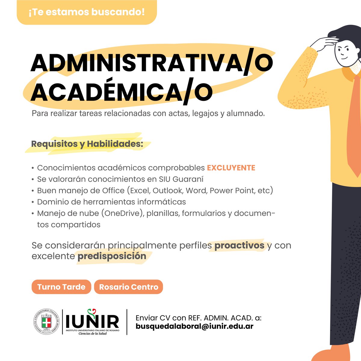 #OportunidadLaboral

📍 Leé los requisitos y si coinciden con tu perfil,
𝐞𝐧𝐯𝐢𝐚𝐫 𝐂𝐕 𝐜𝐨𝐧 REF. ADMIN. ACAD. a: busquedalaboral@iunir.edu.ar

#búsquedaslaborales #búsquedalaboral #trabajo
#oportunidad #trabajorosario