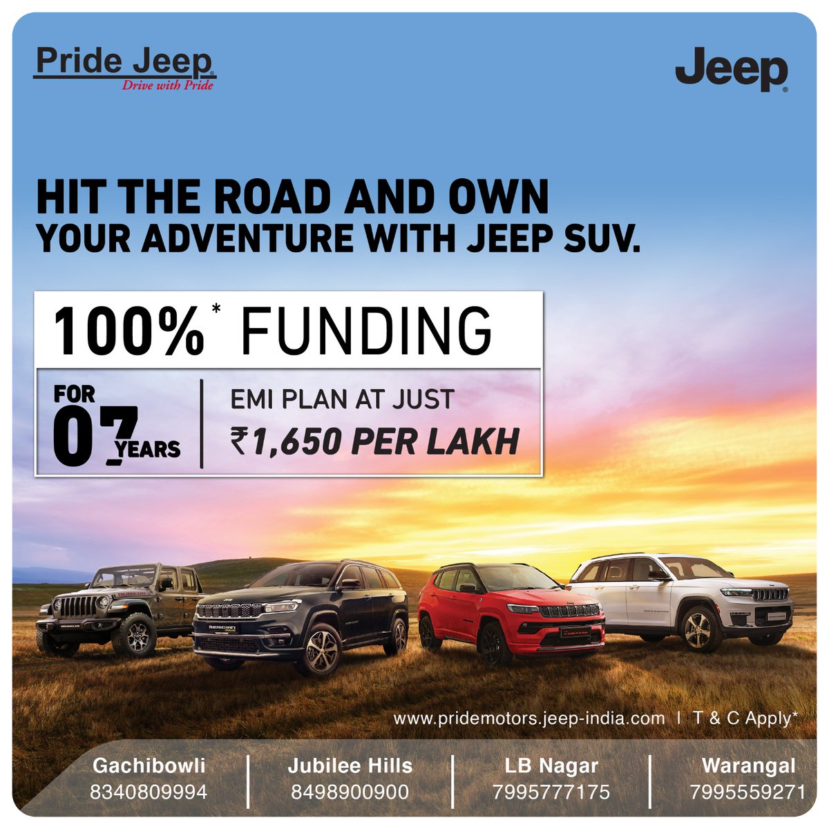 It's time to own your adventure with a Jeep SUV, now available at an exciting offer. This is your chance to own a beast.

#Pridejeep #jeepcars #jeeplife #JeepJubileeHills #JeepGachibowli #JeepWarangal #Jeeplbnagar #jeepcompass #jeepwrangler #jeepmeridian #jeepgrandcherokee