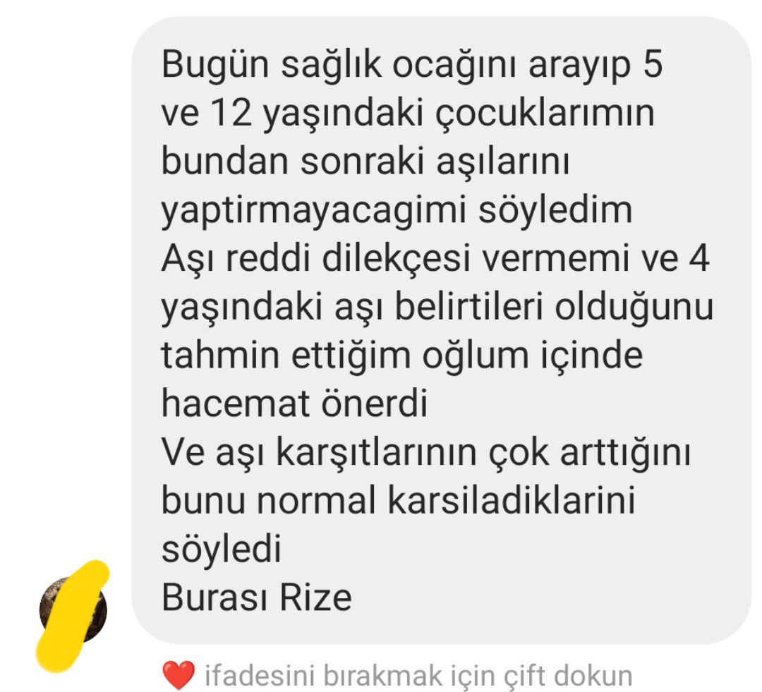 Bugün sağlık ocağını arayıp 5 ve 12 yaşındaki çocuklarımın bundan sonraki aşılarını yaptirmayacagimi söyledim Aşı reddi dilekçesi vermemi ve 4 yaşındaki aşı belirtileri olduğunu tahmin ettiğim oğlum içinde hacemat önerdi Ve aşı karşıtlarının çok arttığını bunu normal karsiladi