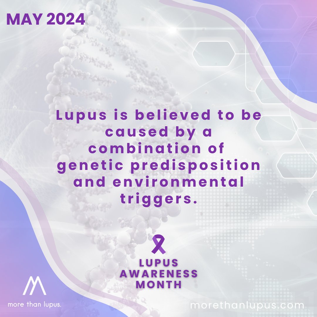 What causes #lupus? Though there is no one 'cause' for someone developing lupus, it is believed that the interplay of genetics and environmental triggers are primary factors. #LAM24 #LupusAwarenessMonth #MoreThanLupus #lupusfacts #genetics #triggers #autoimmune #educate