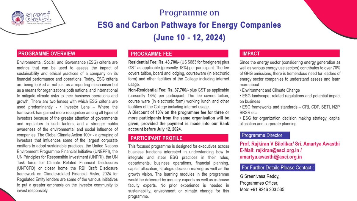 Join us at the ASCI for an enlightening program on ESG (Environmental,Social,and Governance) and Carbon Pathways tailored specifically for energy companies.