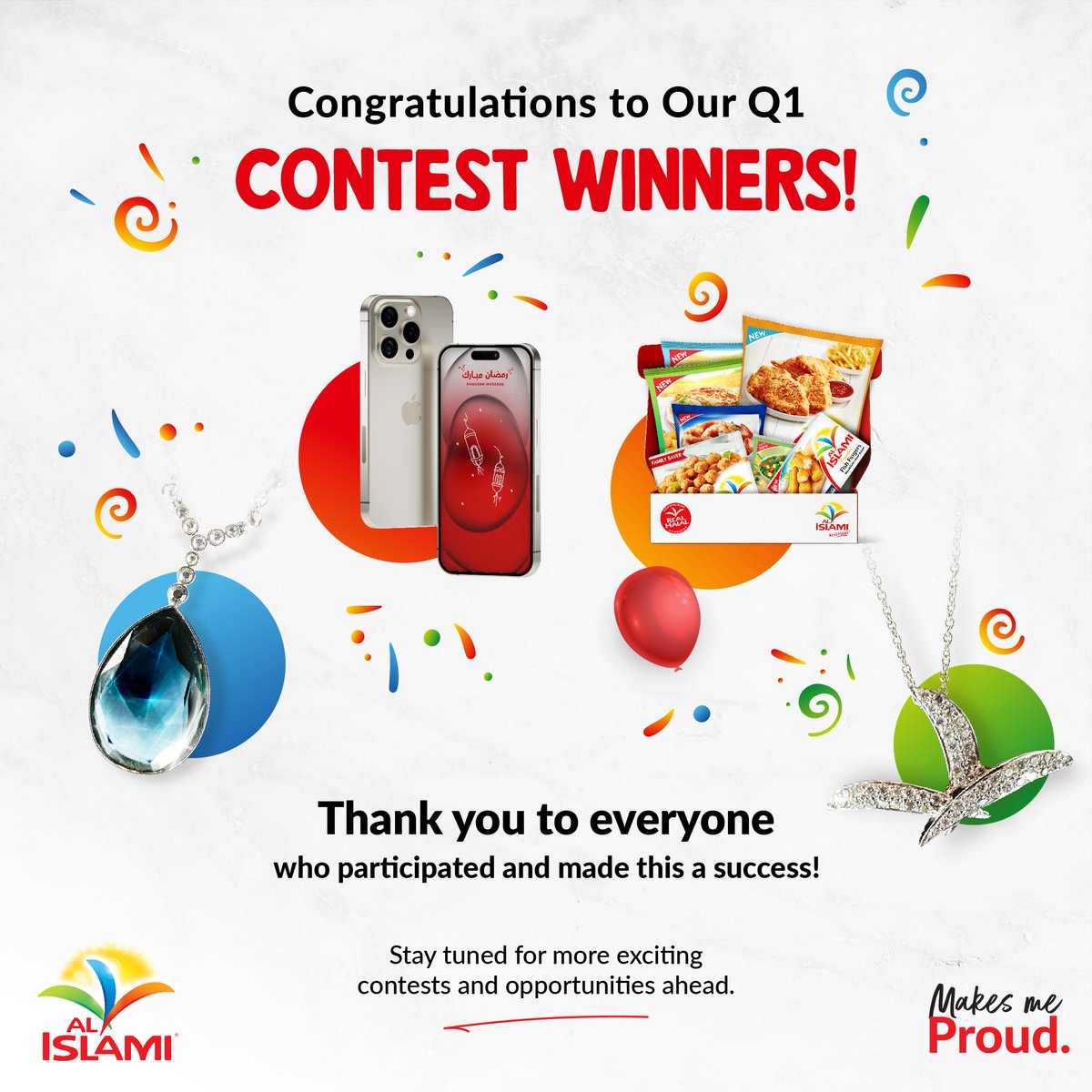 Congratulations to our Q1 contest winners! Let's celebrate their success and look forward to more exciting opportunities ahead. Stay tuned for your chance to win with Al Islami!

#MakesMeProud #Winners #Iphone #Gems #Hampers #AlIslamiFoods #Contests #SharingFood #PremiumFood