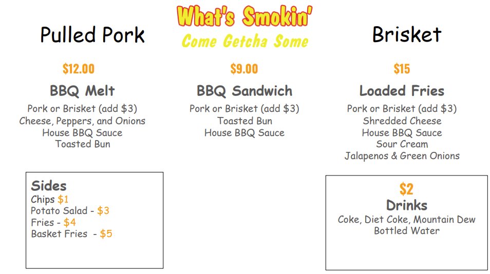 Don't forget, What's Smokin' will be here from 11 AM - 2 PM today!

#DriveBaby #DriveBabyFamily #FoodTruckFriday