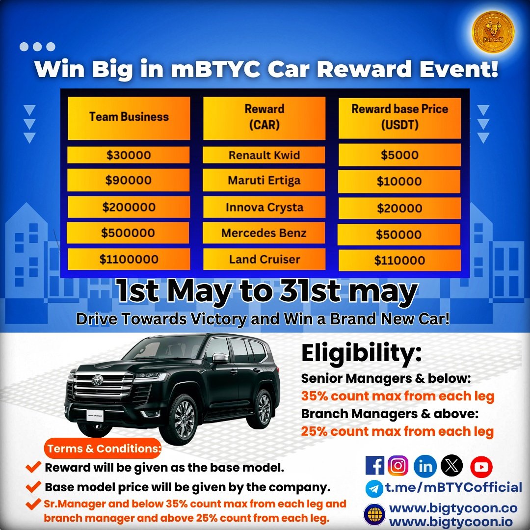 🚗 Join the #mBTYC car reward event and drive off with your dream car! Don't miss out on this opportunity to make your automotive dreams a reality. 🏎️ #DreamCar #RewardEvent #ตกท่อ #cbseresults2024 #AVFC #gntm #onweer #TDS3inSEOUL_DAY1 #gamedev #LocalElections #crypto #Bitcoin